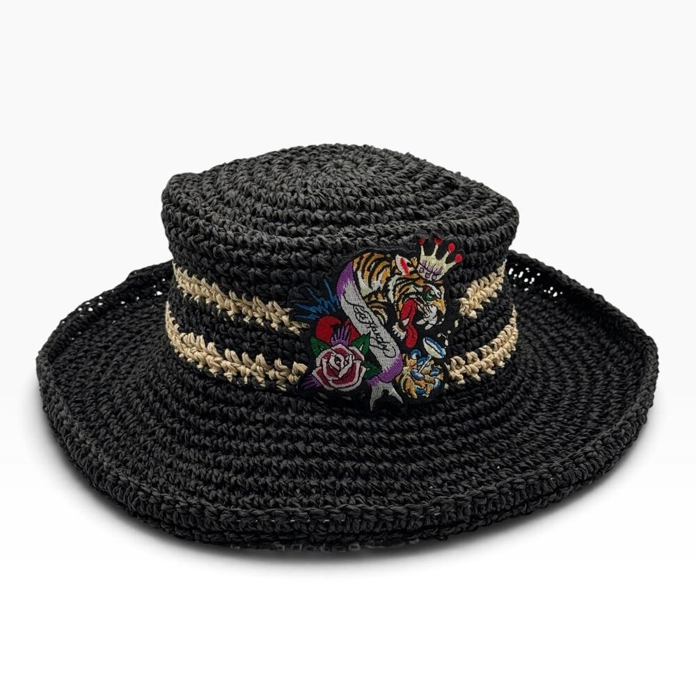 Ed Hardy Black Paper Straw Sun Hat Tiger Embroidered One Size Tattoo Y2K